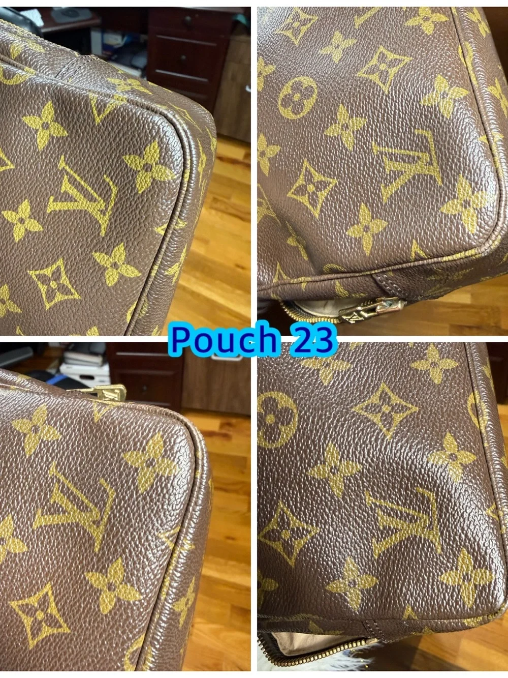 Louis Vuitton Beige Leather Zip Pouch with Gold-Tone Hardware